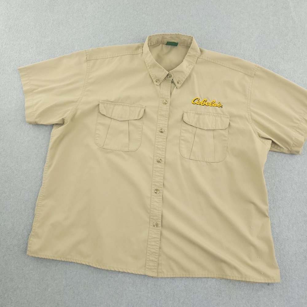 Cabela's Shirt Womens 2XL Beige Solid Short Sleeve Button Up Embroidered Outdoor